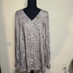 Women’s Pure Jill 100% Artsy Brown Pasiley LongLine Top Small Boho Lagenlook